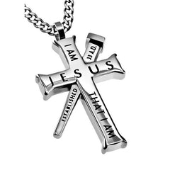 EXODUS 3:14, JOHN 8:24 Cross and Nail Necklace with Bible Verse, Stainless Steel Curb Chain