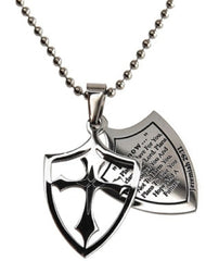 I Know Necklace Two Piece Cross Shield with Bible Verse, Stainless Steel Ball Chain