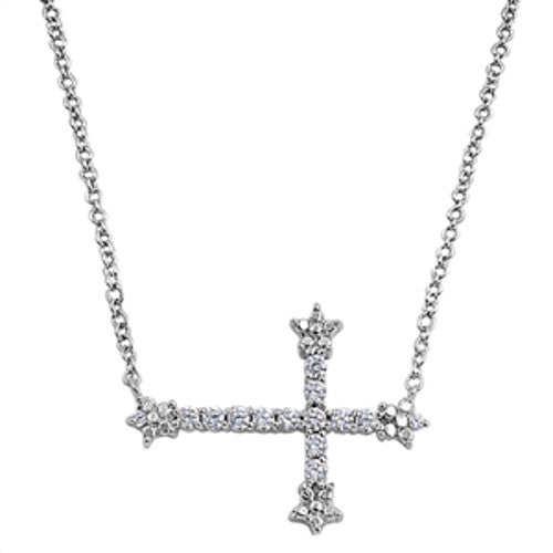 Iced Silver Sideways Cross Necklace
