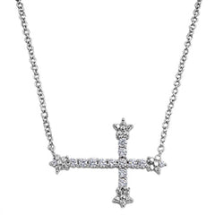 Iced Sideways Cross Necklace with Stones, 925 Sterling Silver, 16-17" Chain