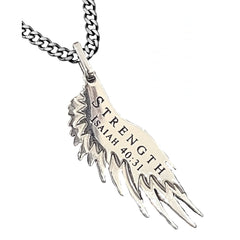ISAIAH 40:31 STRENGTH Guardian Angel Wing Necklace with Steel Curb