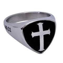 EAGLE'S WINGS Black Signet Shield Cross Ring, Stainless Steel