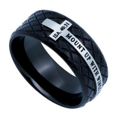 Isaiah 40:31 Inspirational Bible Verse, Steel Black Diamond Back Cross Ring