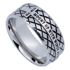 Isaiah 40:31 Inspirational Bible Verse Steel Diamond Back Cross Ring