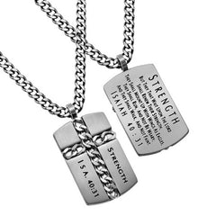 Isaiah 40:31 Jewelry, STRENGTH Christian Dog Tag, Cross Chain Necklace with Stainless Steel Curb
