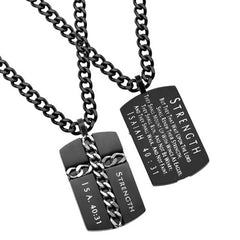 Black Dog Tag, Isaiah 40:31 STRENGTH Christian Cross Necklace, Steel Curb Chain