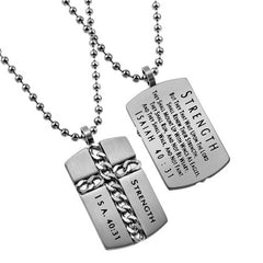 Isaiah 40:31 Jewelry, STRENGTH Christian Dog Tag, Cross Chain Necklace with Stainless Steel Ball