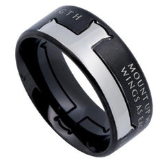 Isaiah 40:31 Cross Ring, WINGS AS EAGLES Bible Verse, Black Stainless Steel