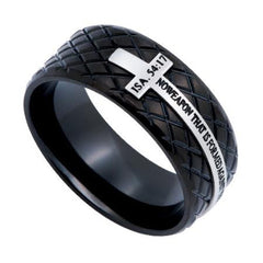 ISAIAH 54:17 Protection, Stainless Steel Black Diamond Back Cross Ring