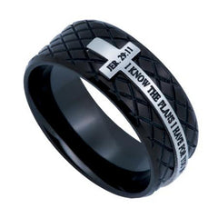 Jeremiah 29:11 Ring Inspirational Verse, Stainless Steel Black Diamond Back Cross