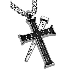 ACTS 4:12 Black Cross and Nail Necklace with Bible Verse, Stainless Steel Curb Chain