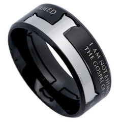GOSPEL OF CHRIST Cross Ring, Romans 1:16 Bible Verse, Black Stainless Steel