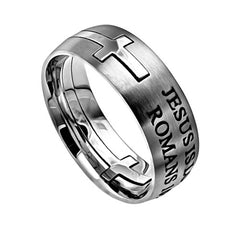 Cross Ring for Men, JESUS IS LORD Romans 10:9 Bible Verse, Stainless Steel