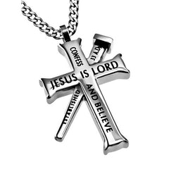 ROMANS 10:9 Cross and Nail Necklace with Bible Verse, Stainless Steel Curb Chain