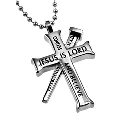 ROMANS 10:9 Cross and Nail Necklace with Bible Verse, Stainless Steel