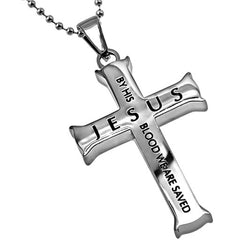 JESUS Piece Cross Necklace, Romans 5:9 Christian Verse, Stainless Steel Ball Chain