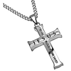 JESUS Piece Cross Necklace, Romans 5:9 Christian Verse, Stainless Steel Curb Chain