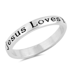 JESUS LOVES YOU Ring, High Polish Sterling Silver Thin Band for Girls