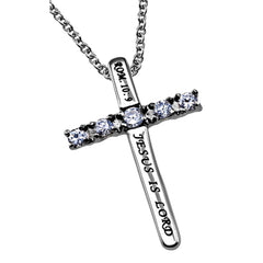 JESUS IS LORD Cross Necklace with Bible Verse, Steel & CZ Stones