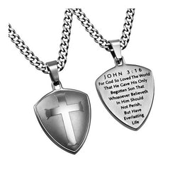 Shield of Faith Necklace, JOHN 3:16 Bible Verse, Steel Curb Chain
