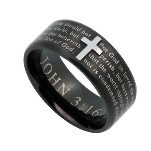 JOHN 3:16 Cross Ring for Men, Engraved Bible Verse, Black Stainless Steel