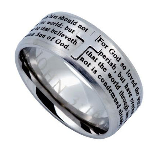 JOHN 3:16 Cross Ring for Men, Engraved Bible Verse, Stainless Steel