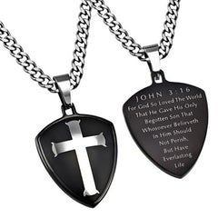 Cross and Shield, John 3:16 Necklace Bible Verse, Steel Curb Chain