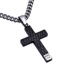 Joshua 1:9 STRONG AND COURAGEOUS Stainless Steel Engraved Black Cross Necklace