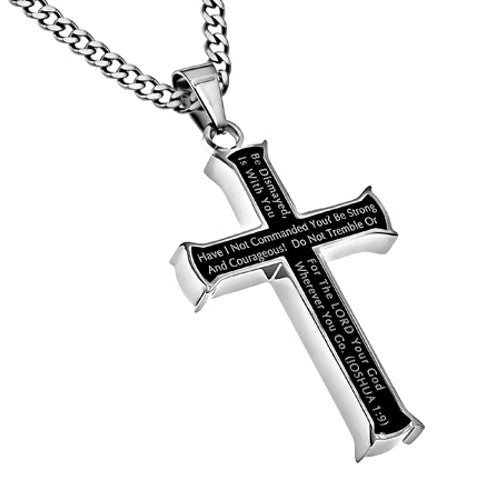 Men's Black Steel Cross Pendant, Joshua 1:9 Bible Verse Necklace, Curb Chain
