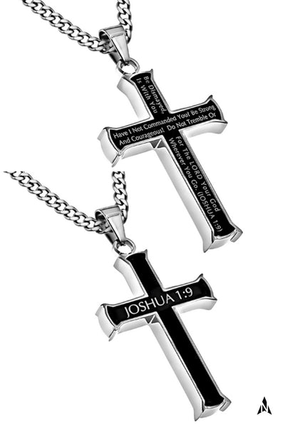 Men's Black Steel Cross Pendant, Joshua 1:9 Bible Verse Necklace, Curb Chain