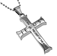 John 8:12 Necklace, Cross Pendant LIGHT OF THE WORLD Bible Verse, Stainless Steel with Bead Chain