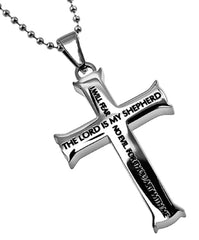Psalm 23 Necklace, Cross Pendant LORD IS MY SHEPHERD Bible Verse, Stainless Steel with Bead Chain