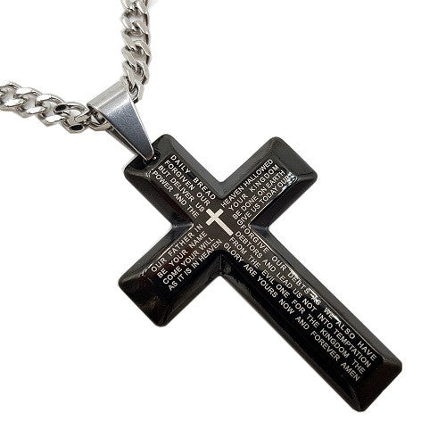 Lord's Prayer Cross Necklace Black on Stainless Steel Curb Chain