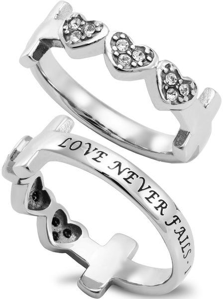 LOVE NEVER FAILS Cross and Heart Ring with Stones, Stainless Steel