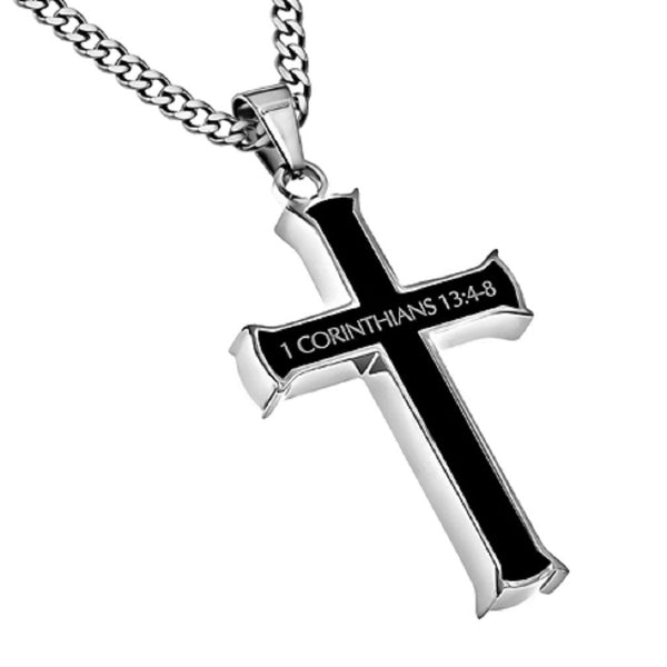1 Corinthians 13:4-8 Black Cross Necklace LOVE IS Bible Verse, Stainless Steel Thick Chain