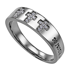 LOVE MERCY Christian Trinity Cross Ring, Engraved Bible Verse with CZ Stones