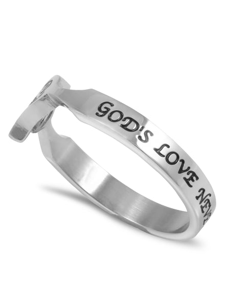 1 CORINTHIANS 13:8 Heart and Word Women's Ring, Stainless Steel