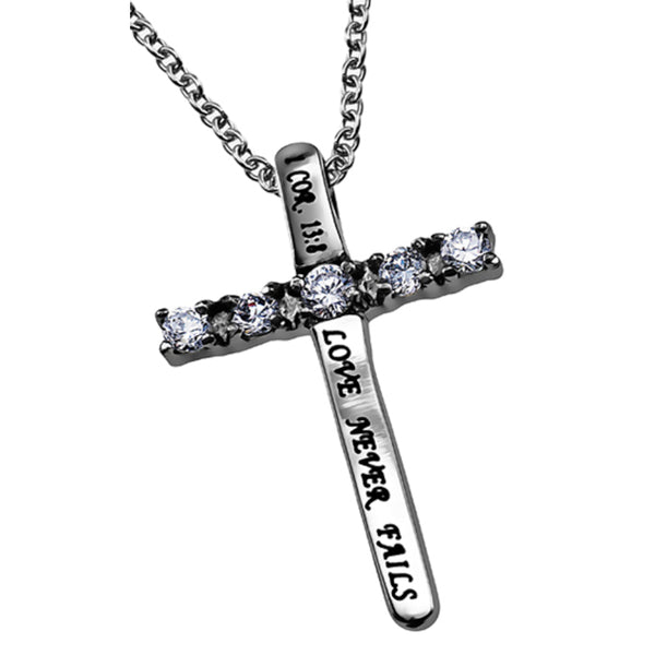 LOVE NEVER FAILS Cross Necklace with Bible Verse, Steel & CZ Stones