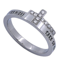 TAKE YOUR CROSS Engraved Bible Verse Sideways Cross Ring with CZ, Stainless Steel