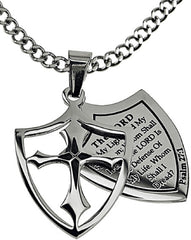 The Lord Is My Light Necklace Two Piece Cross Shield with Bible Verse, Stainless Steel Curb Chain