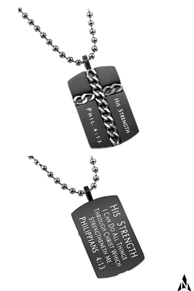 Christian Dog Tag Cross Necklace, Philippians 4:13 HIS STRENGTH, Steel Ball Chain