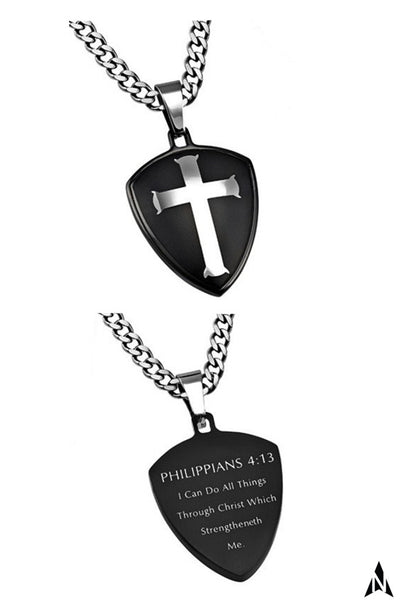 Shield of Faith Philippians 4:13 Necklace CHRIST MY STRENGTH Bible Verse, Steel Curb
