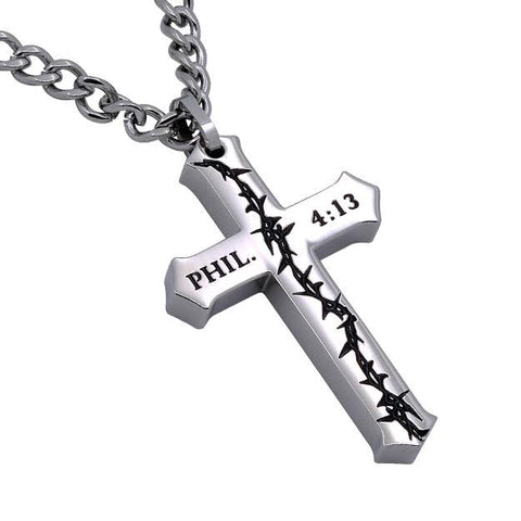 PHILIPPIANS 4:13 Crown Of Thorns Cross Necklace, Stainless Steel Curb Chain