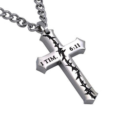 1 TIMOTHY 6:11 Crown Of Thorns Cross Necklace, Stainless Steel Curb Chain