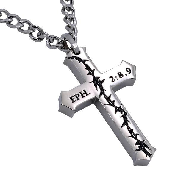 EPHESIANS 2:8,9 Crown Of Thorns Cross Necklace, Stainless