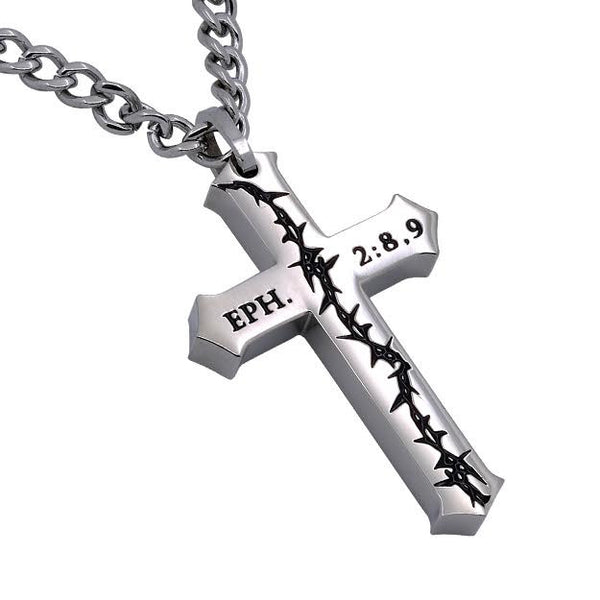 EPHESIANS 2:8,9 Crown Of Thorns Cross Necklace, Stainless Steel Curb Chain