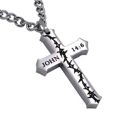 WAY, TRUTH, LIFE Crown Of Thorns Cross Necklace, Stainless Steel Curb Chain