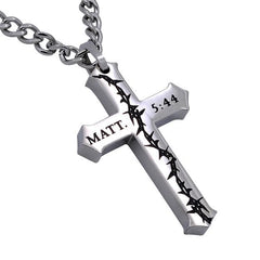 MATTHEW 5:44 Crown Of Thorns Cross Necklace, Stainless Steel Curb Chain