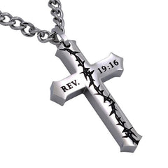 REVELATION 19:16 Crown Of Thorns Cross Necklace, Stainless Steel Curb Chain