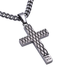 Philippians 4:13 CHRIST MY STRENGTH Stainless Steel Cross Diamond Pattern Necklace